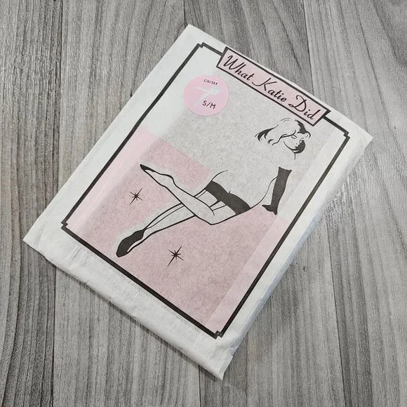 What Katie Did Glamour Sheer Contrast Seamed Stockings Champagne / Sky Baby Blue - Picture 7 of 10